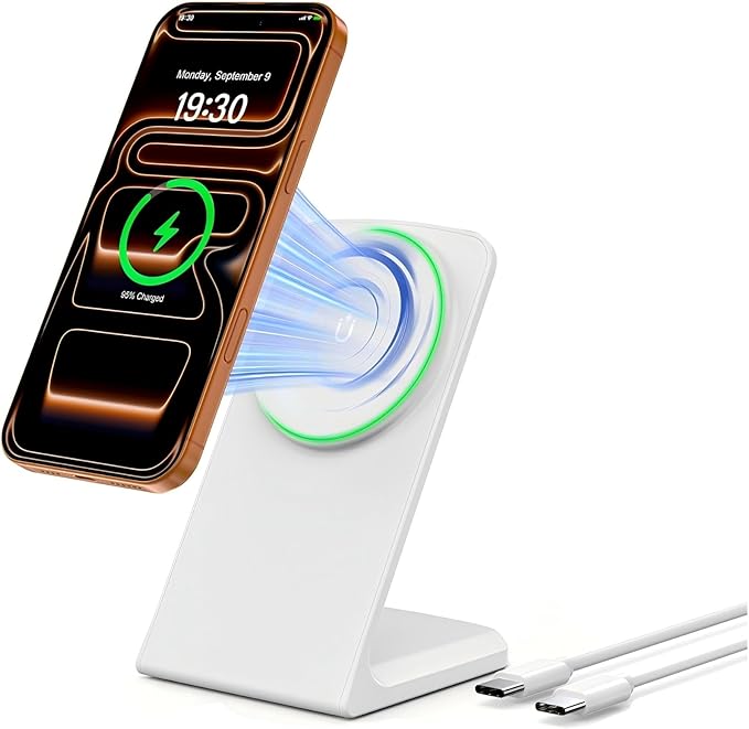 Magnetic Phone Charger Stand, Hands-Free Phone Holder, for iPhone 17-12 Samsung S26/S25 Google Pixel 10, Ideal for Office Desktop Nightstand, Qi-Certified, Lunar White, No Adapter