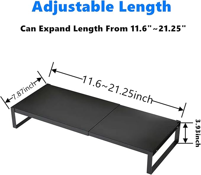 Adjustable Metal Monitor Stand - 11.6"-21.3" Ergonomic Desktop Riser for Computer/Laptop/TV, Heavy-Duty Office Shelf with Space-Saving Design (Black)