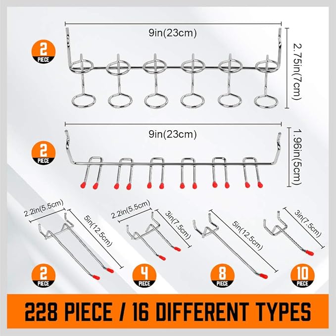 HORUSDY 238 PCS Pegboard Hooks Assortment Kit – 16 Types Heavy Duty Pegboard Accessories with Bins – Fits 1/8 & 1/4 Inch Pegboard Metal Hooks for Garage, Workshop, and Tool Storage Organization