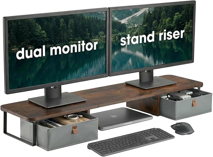 DuoStand Plus - 39” Dual Monitor Riser for Desk with 2 Drawers - Wood & Steel Double Monitor Stand with Storage - Desk Organizer Shelf for Desktop Computer, Laptop, TV & Printer (Rustic Wood)