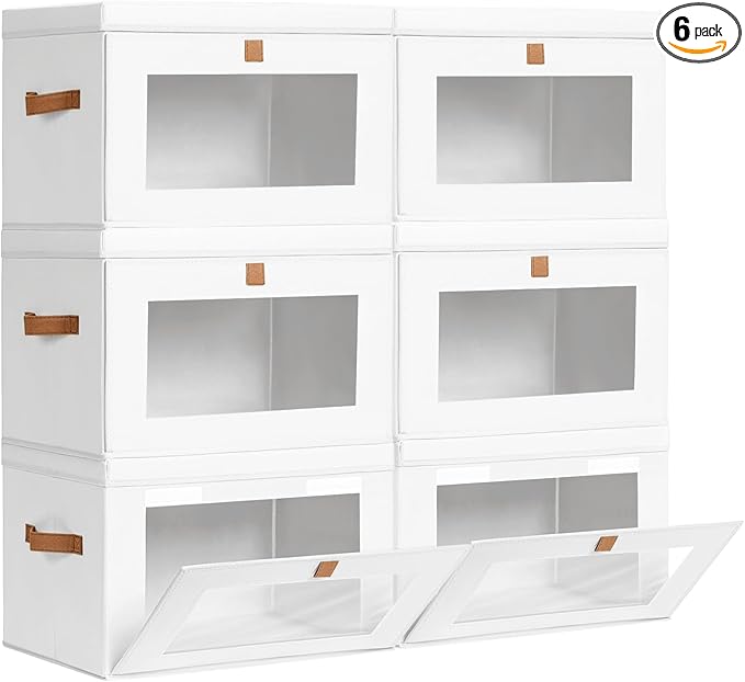 Homsorout Large Clothing Storage Bins - Collapsible Boxes with Handles & Window, Decorative Organizer Bins with Lids, Fabric Containers for Living Room, Dorm, 6 Pack, White