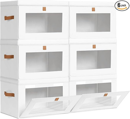 Homsorout Large Clothing Storage Bins - Collapsible Boxes with Handles & Window, Decorative Organizer Bins with Lids, Fabric Containers for Living Room, Dorm, 6 Pack, White