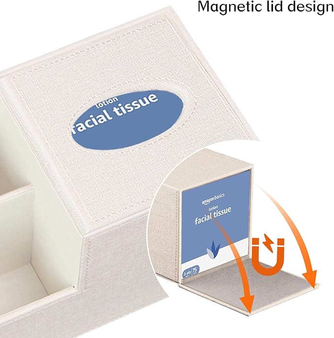 Square Tissue Box Cover with Storage, PU Leather Cube Tissue Box Holder, Remote Control Nightstand Organizer, Modern Desk Caddy for End Table, Bathroom, Bedroom, Home, Office Decor