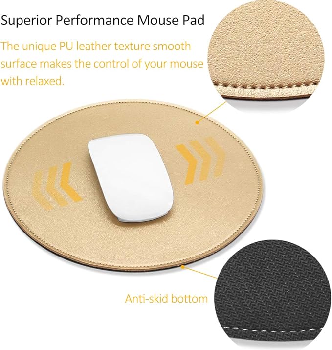 ProElife Mouse Pad for Computer Laptop Accessories, Anti Slip Cute Round Mouse Pad Waterproof PU Leather 8.66-Inch Circular Mousepad Stitched Edges Mat for Home Office School Gaming (Gold)