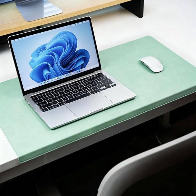 Leather Edge-Locked Desk Pad with Edge Protector, Non-Slip Large Office Computer Mouse Mat, Waterproof Desk Blotter Table Protective Pad for Writing Work (Light Green,27.6"x12.6")