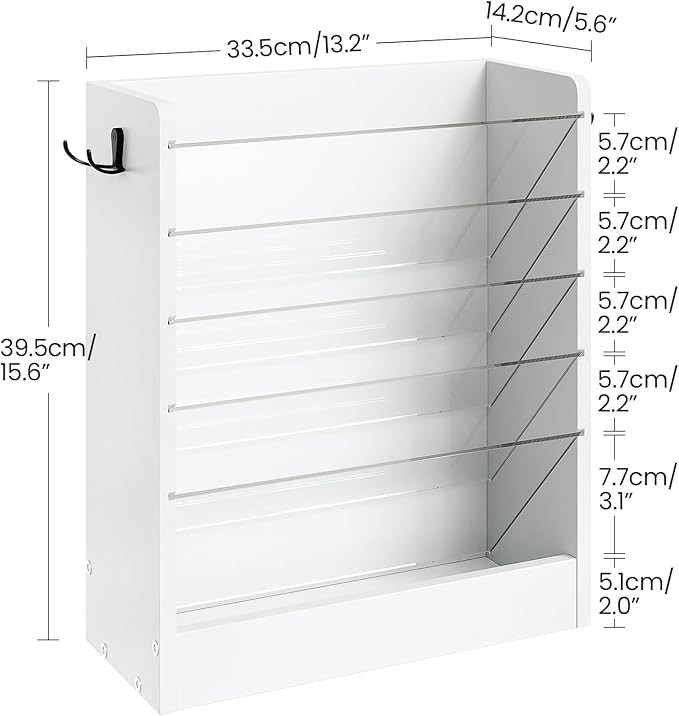 CHOEZON Wall File Holder, 6-Tier File Organizer, Office Supplies Storage Rack, Versatile Desktop Organizer, with Detachable Shelves, with Side Hooks, for Living Room, Study, Home Office, White MWJ02WB