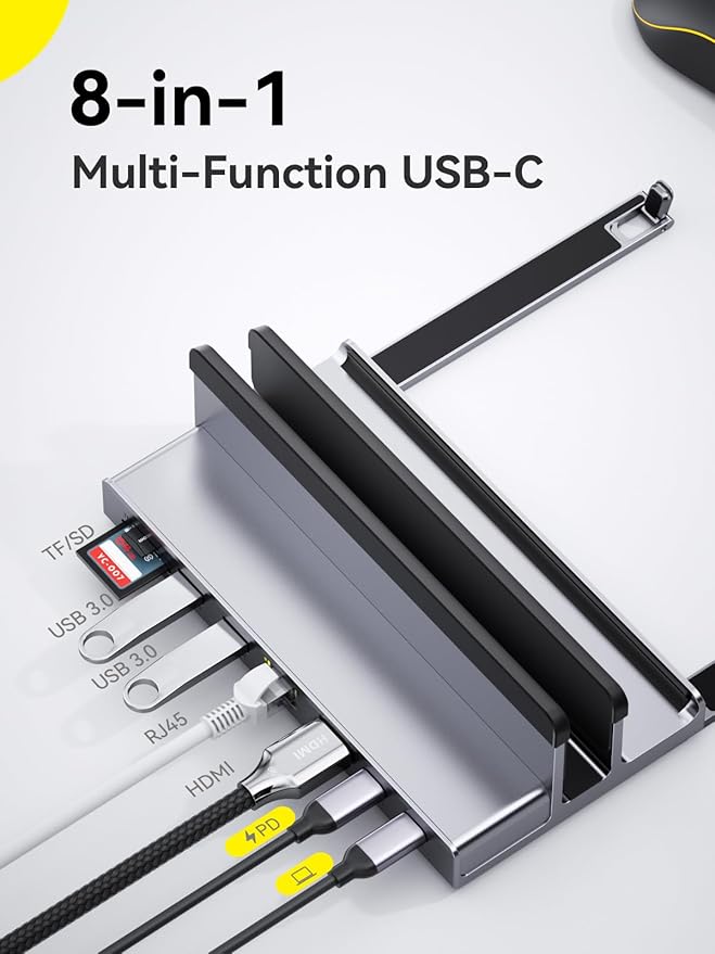 Laptop Docking Station Stand for mac, QUUGE 8 in 1 USB C Dock with HDMI 2.0 4K 60Hz, RJ45 Ethernet, 2 USB3.0 Ports, 100W PD, TF/SD 3.0, Desktop Management Docking Station