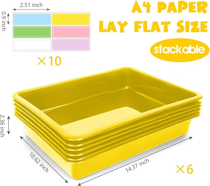 ShineMe 6 Pack Paper Trays for Classroom, Yellow Plastic Book Bins with Colorful Labels, Stackable Letter Size Storage Tray, Desk Organizer Tray for Home, School and Office