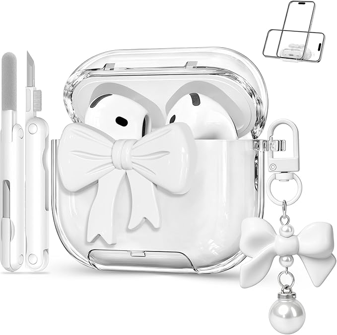 for Airpods 4 Case Pink 2024 with Safety Lock & Phone Stand, 3D Bow Clear iPod 4 Cases with Cute Keychain & Cleaning Kit, Soft TPU Cover for AirPods 4th Generation Case Girls Women (White)