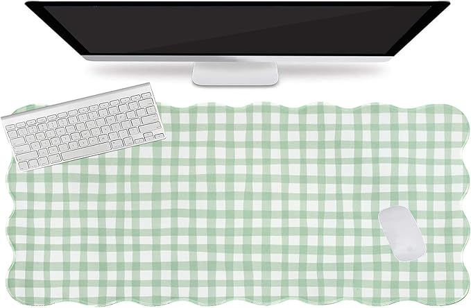 L-SPOUTTO Green Checkered Mouse Pad,Cottagecore Scalloped Desk Mat XXL Large Cute Pastel Gaming Mousepad,35.4x15.7in Non-Slip Keyboard Pad Waterproof Desktop Mat for Laptop Computer Game Home Office