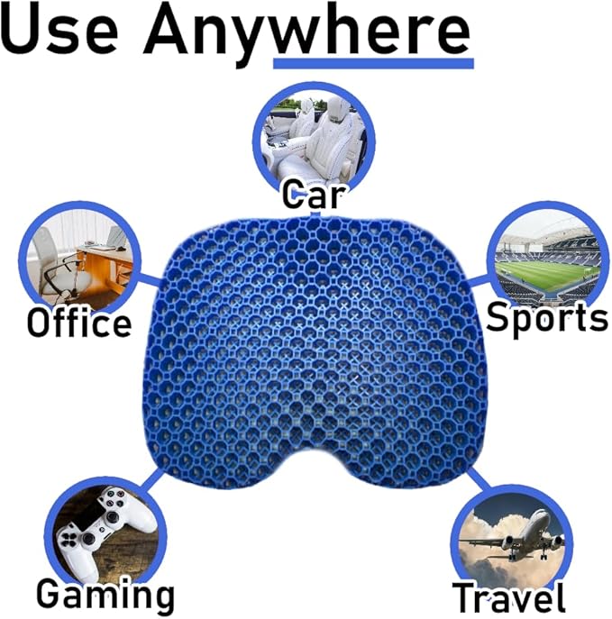 Blue Gel TPU Seat Cushion — Large Contoured Honeycomb Cooling Gel Cushion for Long Sitting, Pressure Relief for Tailbone & Sciatica, Non-Slip Washable Cover — 18.89 x 14.96 in