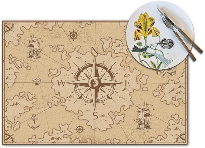 Placemats Set of 4, Nautical Island Map Vintage Placemats Heat Resistant for Dining Table Non-Slip 18x12 Inches