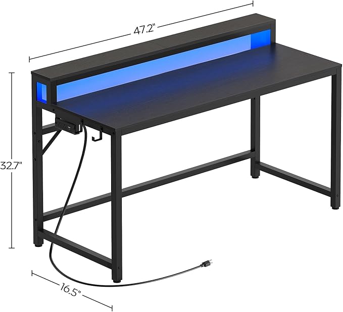 YATINEY 47.2" Computer Desk with Charging Station and LED Lights, Gaming Desk with Monitor Stand, 2-Tier Home Office Desk with 4 Side Hooks, for Living Room, Home Office, Black DN12UDBB