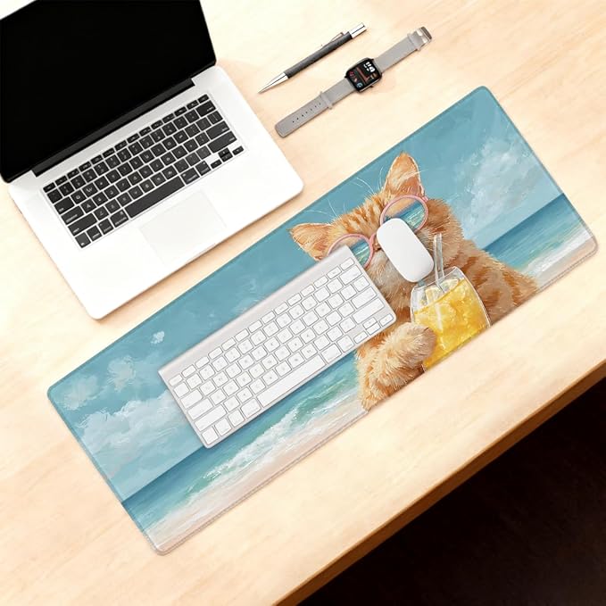 Cat Beach Funny Large Mouse Pad Non-Slip Rubber Long Gaming Desk Mat Big Computer Keyboard Mousepad Waterproof Protector Wristing Pad for Gaming Office Home Decorative 31.5 X 11.8 Inch