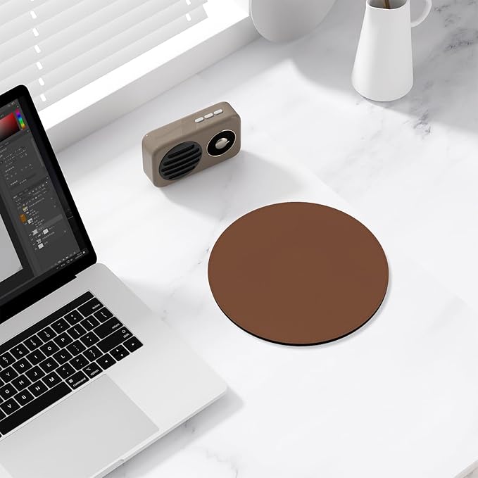 Leather Mouse Pad, Office Mouse Mat Non-Slip Rubber Base Stitched Edge Washable Waterproof Round Mousepad for Office Gaming PC Laptop, Round Diameter 8.7 inches, Bright Brown