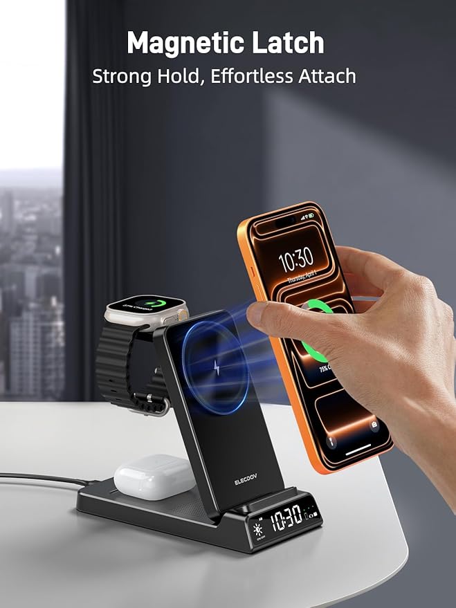 3 in 1 Charging Station for Apple, ELECDOV Magnetic Charger for iPhone, Foldable Wireless Charger with Clock, Travel Watch Charger Stand for iPhone 17/Air/16/15 Series, iWatch 10/AirPods 4 (Black)
