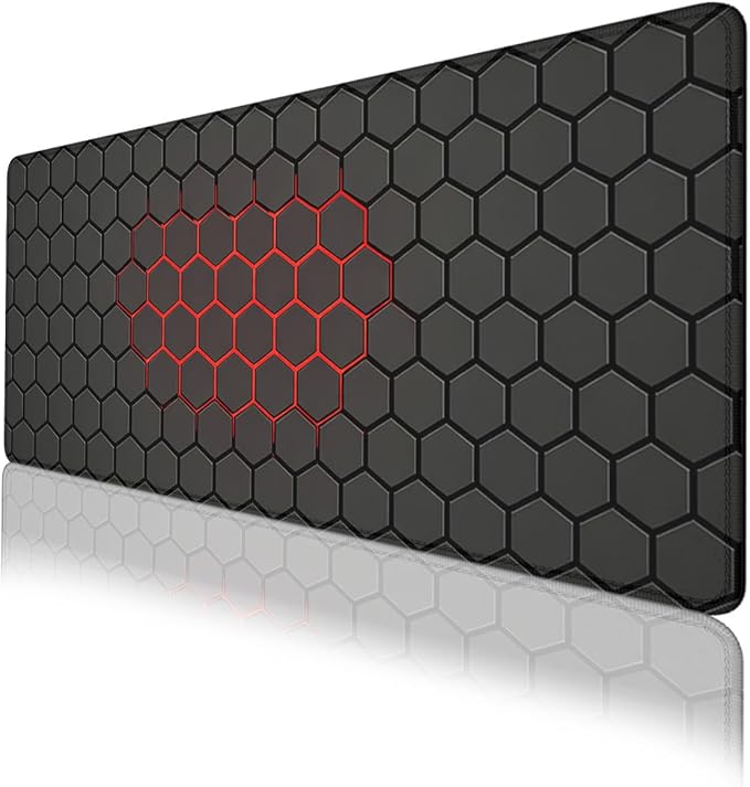 Red Hexagon Mouse Pad Dark Gaming Tech Grid Large Gaming Mouse Mat with Stitched Edges,Non-Slip Waterproof Rubber Base Mous Mat 31.5x11.8 Inch