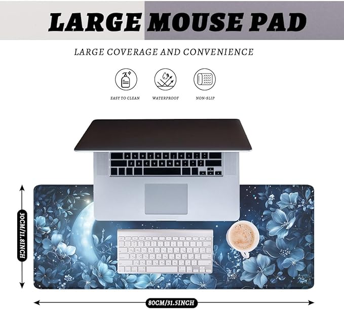 Crescent Mouse Pad Blue Silver Gem Flowers Crescent Stars Mousepad Extended Large Laptop Keyboard Non-Slip Rubber Base with Stitched Edges for Home 31.5x11.8 in