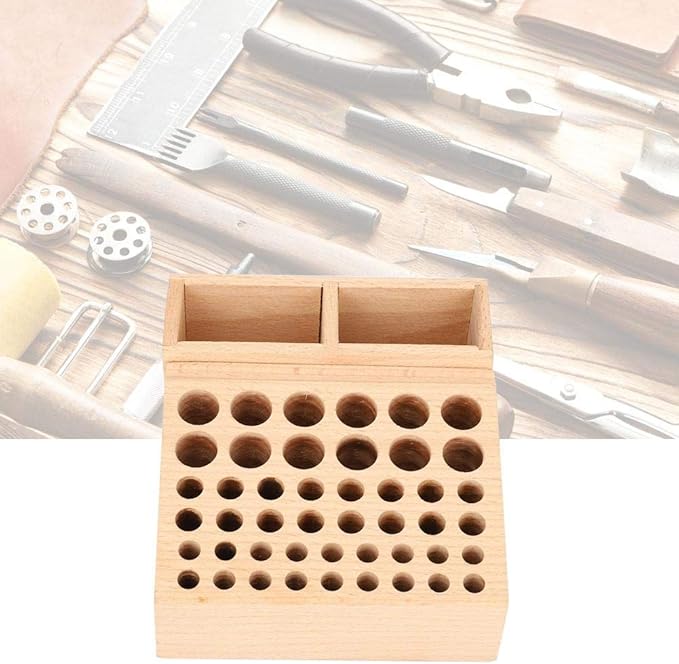 Leather Tool Holder, 48 Holes Wooden Leather Craft Tool Stand with 2 Slots, Solid Beech Rack Stand Organizer, Storage Case for Leathercraft Punch & Styling Tools
