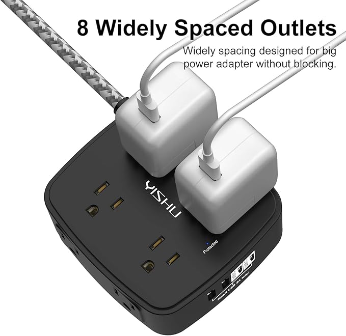 Surge Protector Power Strip - YISHU 8 Outlets with 4 USB (2 USB C) Charging Ports, 10Ft Braided Extension Cord, Flat Plug Multi Plug Outlet Extender Charging Station for Home Office, ETL, Black
