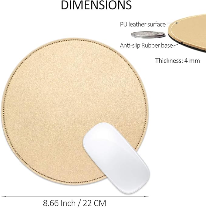 ProElife Mouse Pad for Computer Laptop Accessories, Anti Slip Cute Round Mouse Pad Waterproof PU Leather 8.66-Inch Circular Mousepad Stitched Edges Mat for Home Office School Gaming (Gold)