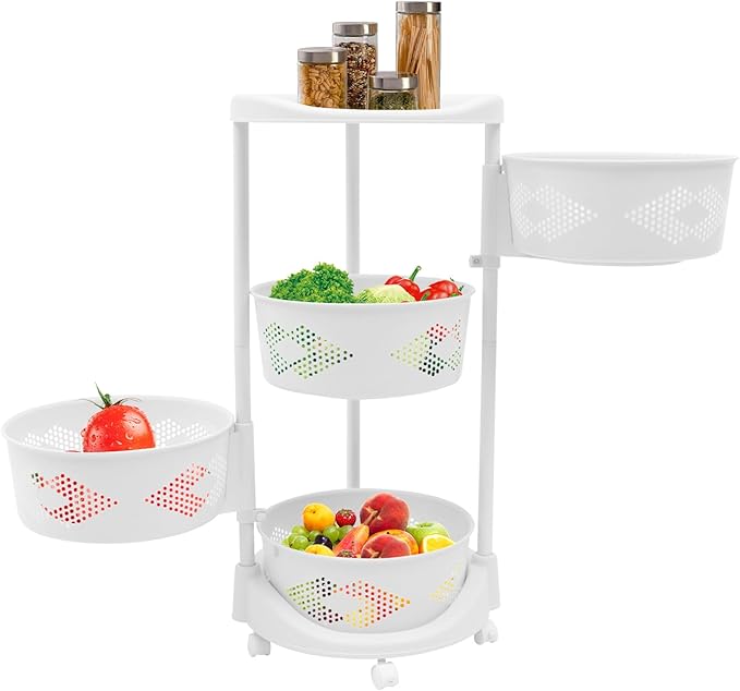 Fruit Basket for Kitchen, 4 Tier Circular Rotating Basket Large Storage Rack with Wheels, Standing Shelf Storage, Multi-Layer Storage Shelves with Top Lid for Living Room, Office, White (4-Tier)