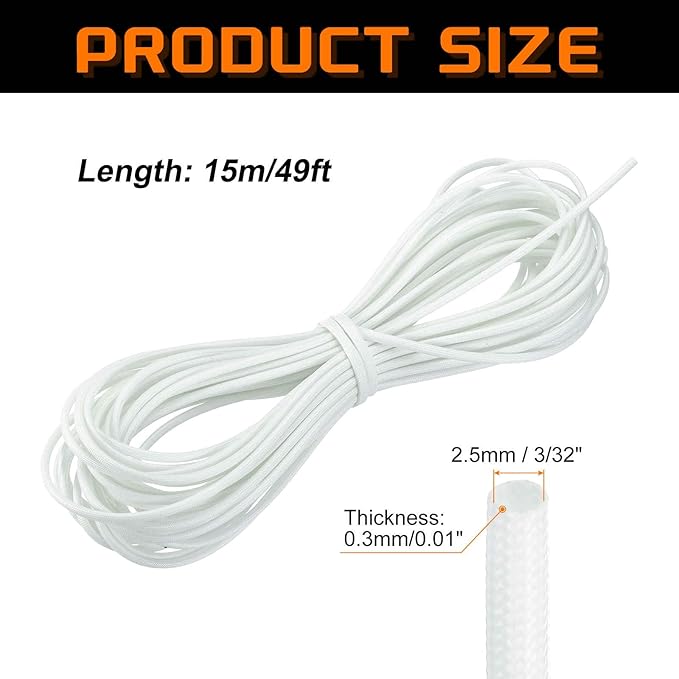 MECCANIXITY 49ft Braided Cable Sleeve, 3/32" ID 200C Heat Resistant 1500V Fiberglass Wire Insulation Cord Protector Organizer Wires Management for Motor Engine Fuel Line, White
