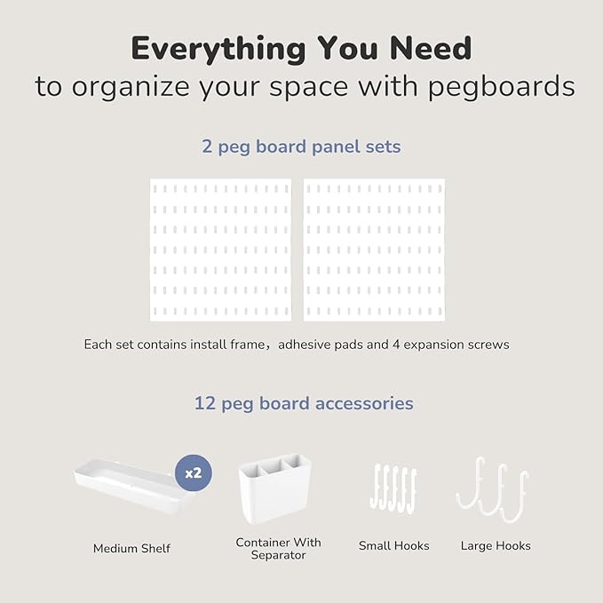 Keepo Peg Board Wall Organizer – Plastic Pegboard Panels, Modular Peg Board Storage System For Home Office, Craft Room, Gaming Setup (White, 22″×11″)