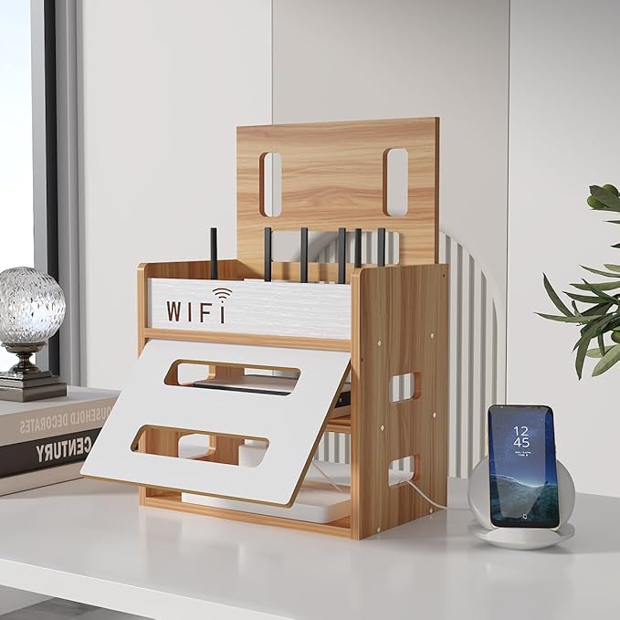 Wooden Router Shelf, Desktop WiFi Router Storage Box Modem Rack, Power Router Fences Standing Shelf Units, Cable Management Hider Box Organizer for Office and Home (Cherry Wood)