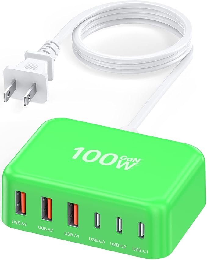 6 in 1 USB Charger, Charging Station for Multiple Devices, 100W Fast Charging Blocks with Type C Ports, USB Charging Hub Organizer Multiport Power Strip for iPhone, Ipad, Kindle, Travel Accessories