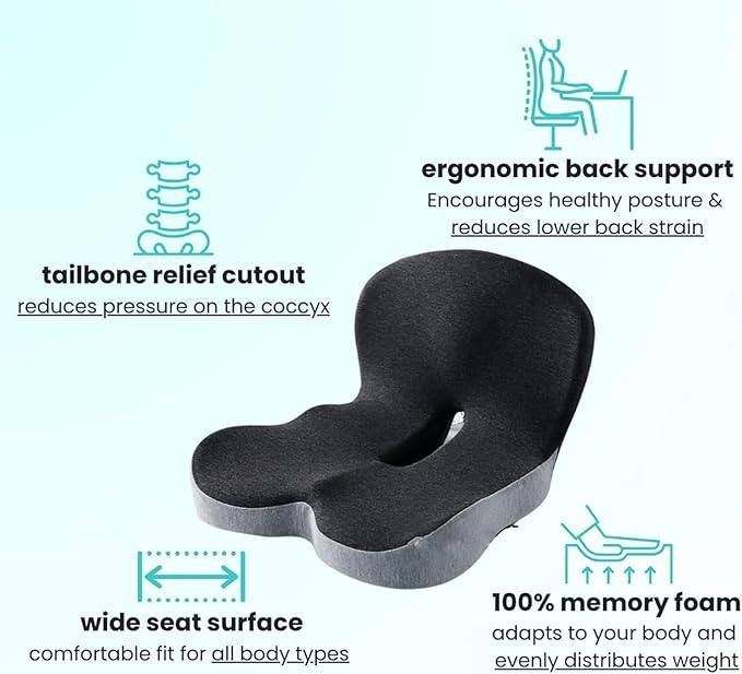 Orthopedic Cushion,Ergonomic Memory Foam L-Shaped Integrated Seat Cushions with Adjustable Strap,Ultra Breathable Non-Slip Design for Office Chair,Car,Wheelchair (Black)