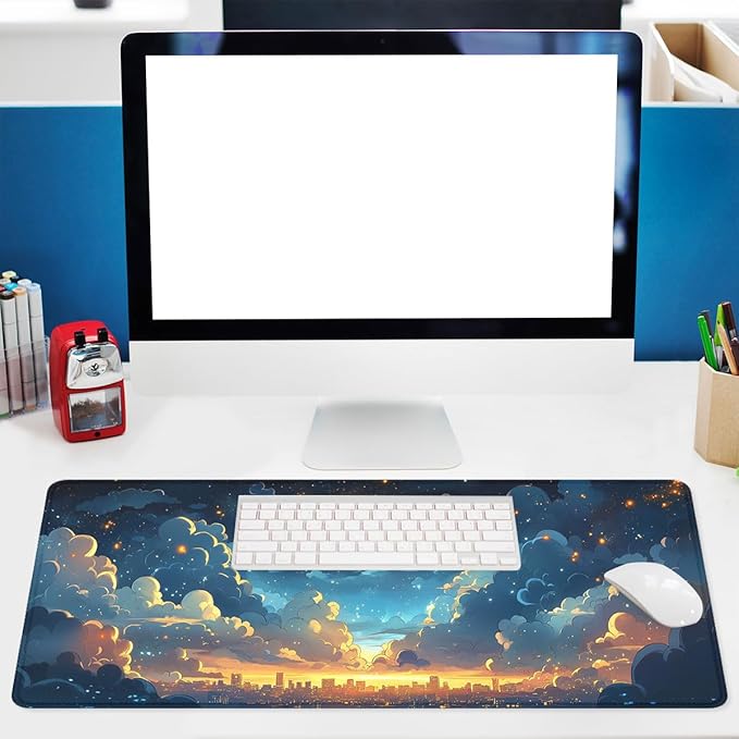 Clouds Sky Gaming Mouse Pad Cartoon Dreamy Night White Clouds Stars Large Gaming Mouse Mat with Stitched Edges,Non-Slip Waterproof Rubber Base Mous Mat 31.5x11.8 in