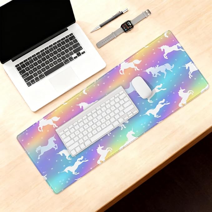 Large Mouse Pad Rainbow Galaxy Unicorn Non-Slip Rubber Long Gaming Desk Mat Big Computer Keyboard Mousepad Waterproof Protector Wristing Pad for Gaming Office Home Decorative 31.5 X 11.8 Inch