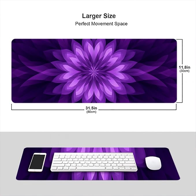 Purple Flower Gaming Mouse Pad Radiating Abstract Flowers Geometry Large Gaming Mouse Mat with Stitched Edges,Non-Slip Waterproof Rubber Base Mous Mat Office Computer Keyboard Laptop 31.5x11.8 Inch