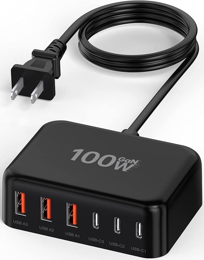 6 in 1 USB Charger, Charging Station for Multiple Devices, 100W Fast Charging Blocks with Type C Ports, USB Charging Hub Organizer Multiport Power Strip for iPhone, Ipad, Kindle, Travel Accessories