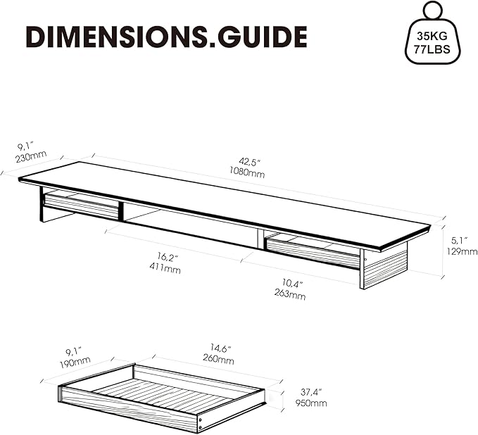 Fenge 42.5” Dual Monitor Stand Riser with 2 Felt-Lined Drawers, Aesthetic Metal and Wood Monitor Shelf with Acrylic Legs, 2-Tier Desk Organizer for 2 Monitors, Laptop, Printer, TV, Black