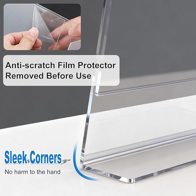 6 Pack Acrylic Sign Holder 8.5 x 11, L-Shape Clear Plastic Display Stand for Tabletop, Acrylic Stands for Flyers, Table Paper Holder, Vertical Sign Holder 8.5x11 for Restaurants, Office and School (Slant 6 Pack 8.5x11)