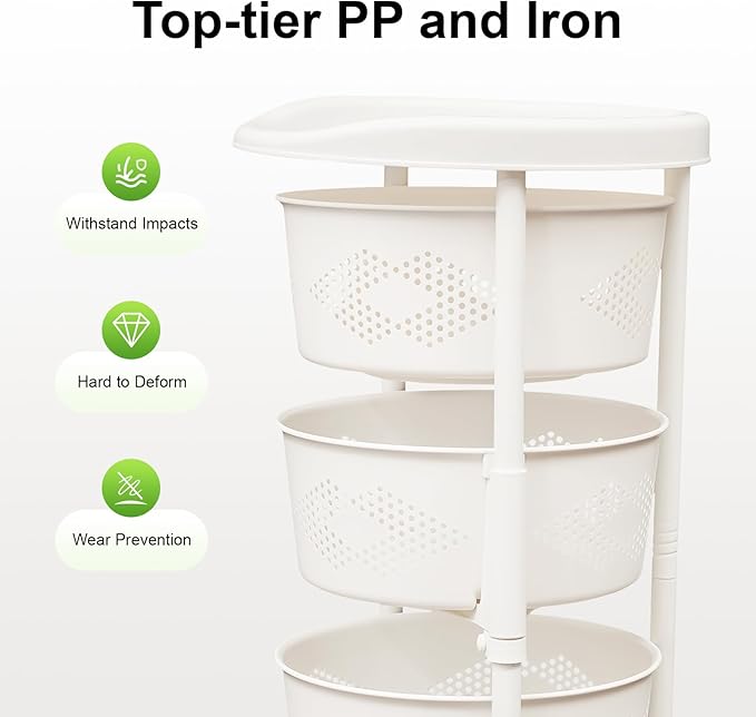 Fruit Basket for Kitchen, 4 Tier Circular Rotating Basket Large Storage Rack with Wheels, Standing Shelf Storage, Multi-Layer Storage Shelves with Top Lid for Living Room, Office, White (4-Tier)
