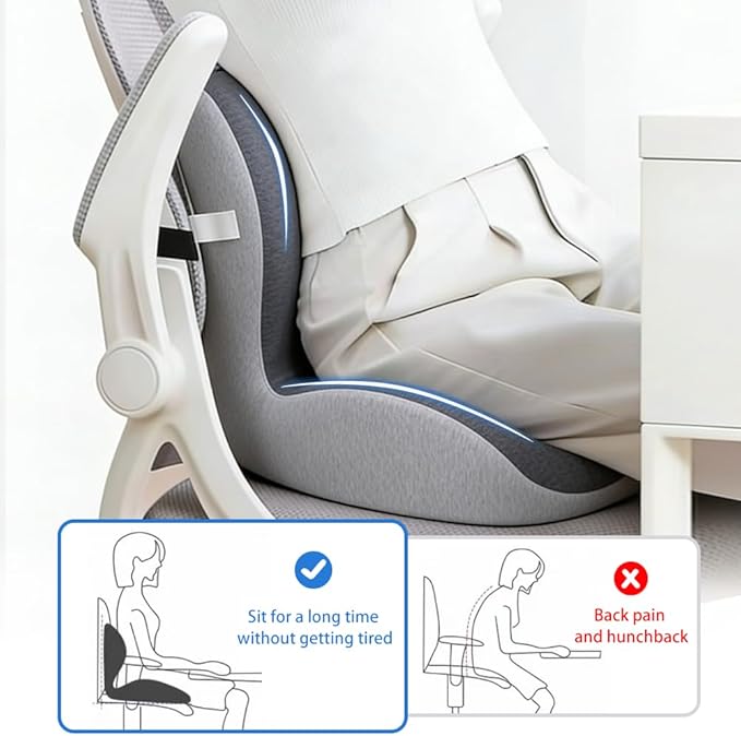 Adjustable Seat Cushion & Lumbar Support Pillow Set for Office Chair, Ergonomic Pillow for Sciatica Pain Relief, Memory Foam Back Support Pillow & Chair Cushion for Car seat, Desk Chair (black,grey)