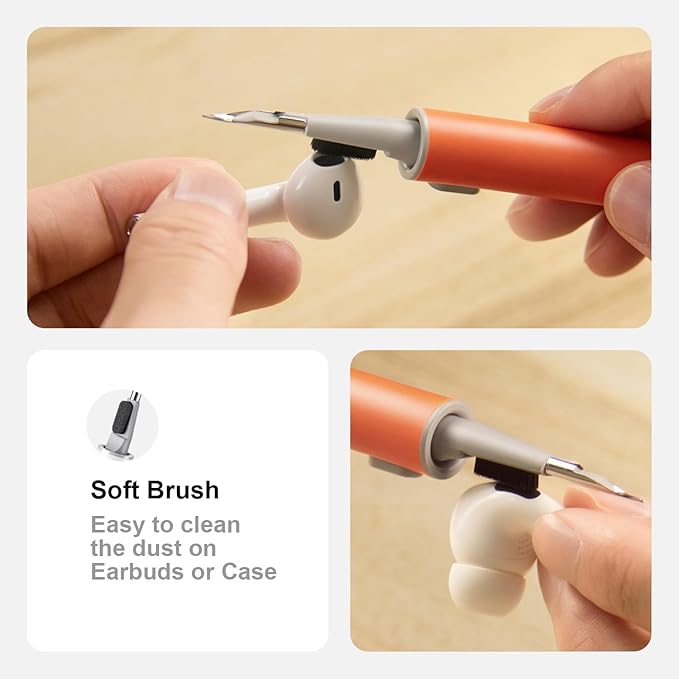 Hyashee Cleaner Kit for Airpods Pro 1 2 3 Multi-Function Cleaning Pen with Soft Brush Flocking Sponge for Bluetooth Earphones Case Cleaning Tools (Orange)