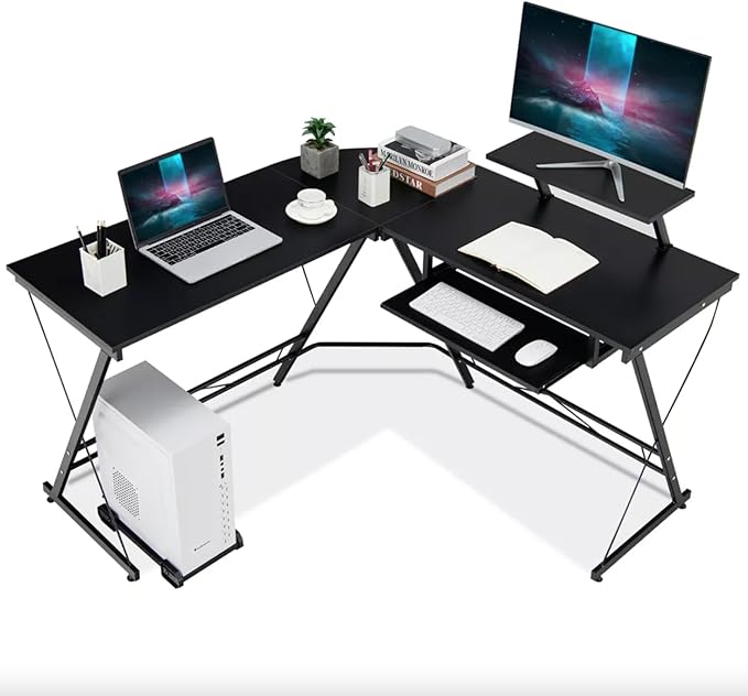 Office Gaming Corner Desk with Keyboard Tray and CPU Stand,Glass L Shaped Computer Home Desk,3-Piece PC Laptop Study Writing Workstation Table by XXFBag - Black