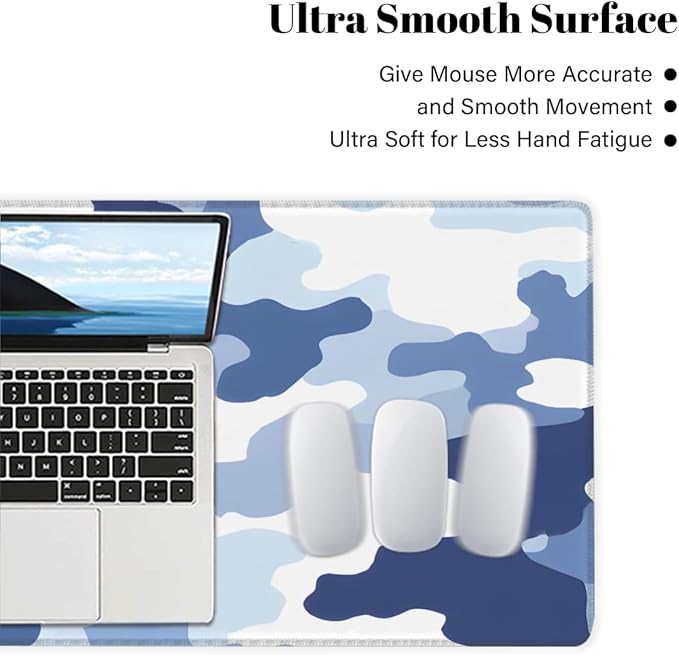Large Mouse Pad Blue White Camouflage Non-Slip Rubber Long Gaming Desk Mat Big Computer Keyboard Mousepad Waterproof Protector Wristing Pad for Gaming Office Home Decorative 31.5 X 11.8 Inch