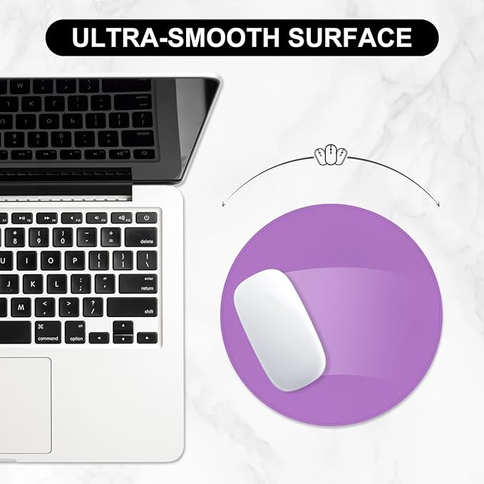 Leather Mouse Pad, Office Mouse Mat Non-Slip Rubber Base Stitched Edge Washable Waterproof Round Mousepad for Office Gaming PC Laptop, Round Diameter 8.7 inches, Purple