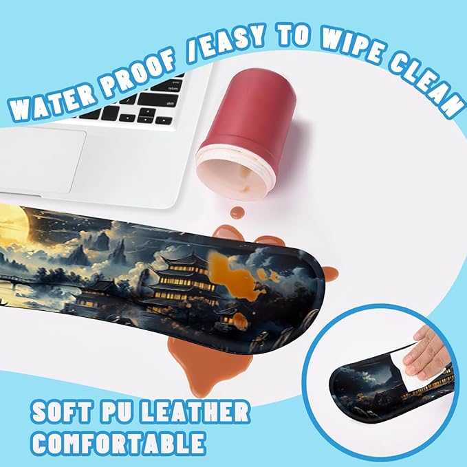 Fantasy Temple Desk Mat Set Golden Moon Asian Night Landscape Large Mouse Pad with Wrist Rest 4in1 Desk Mat for Desktop Ergonomic Computer Desk Arm Wrist Anti-Slip Computer Mouse Pad Office Gaming