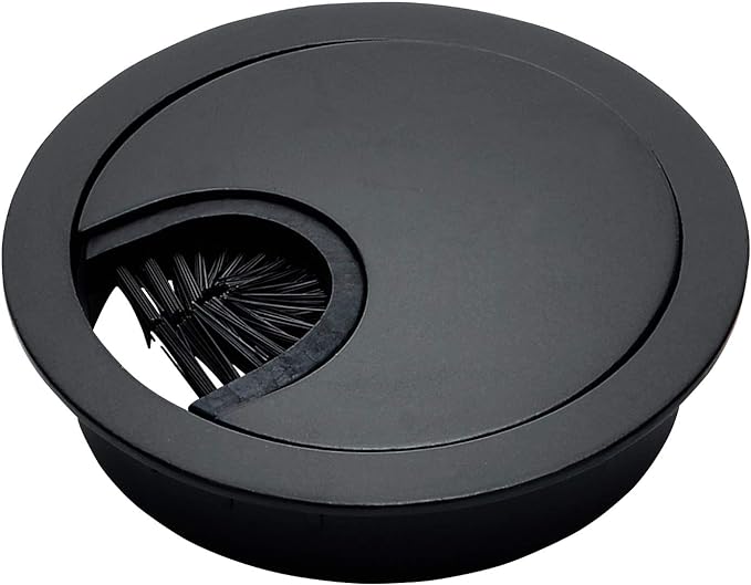 Matte Black Metal Cable Grommet | 2 Piece "Lock in" Feature with "Brush" Opening for Management of Office & Computer Desk Wires | 60mm (2 3/8") Hole Opening | 5 Pack