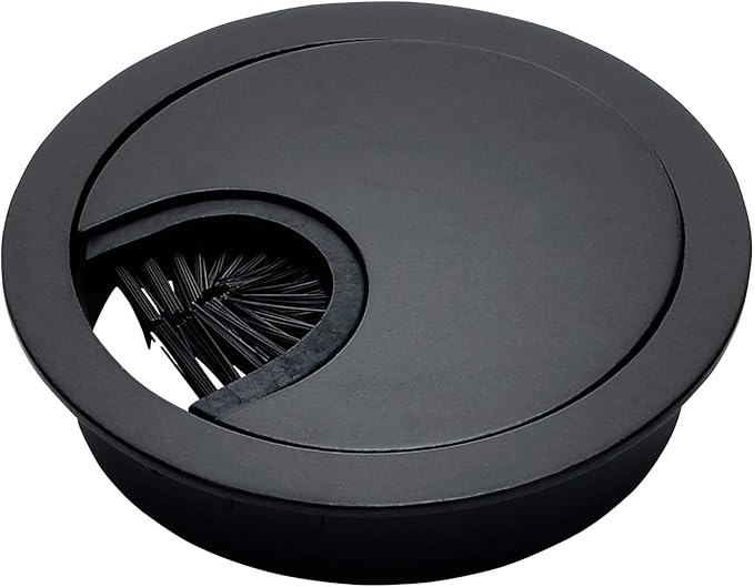 Matte Black Metal Cable Grommet | 2 Piece "Lock in" Feature with "Brush" Opening for Management of Office & Computer Desk Wires | 60mm (2 3/8") Hole Opening | 1 Pack
