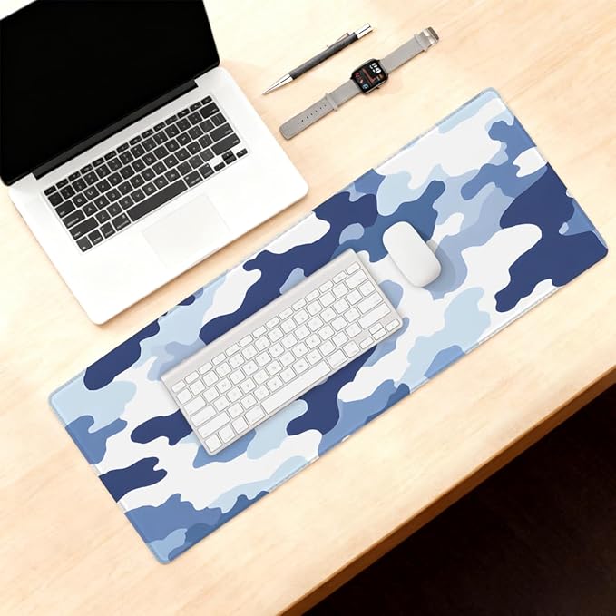 Large Mouse Pad Blue White Camouflage Non-Slip Rubber Long Gaming Desk Mat Big Computer Keyboard Mousepad Waterproof Protector Wristing Pad for Gaming Office Home Decorative 31.5 X 11.8 Inch