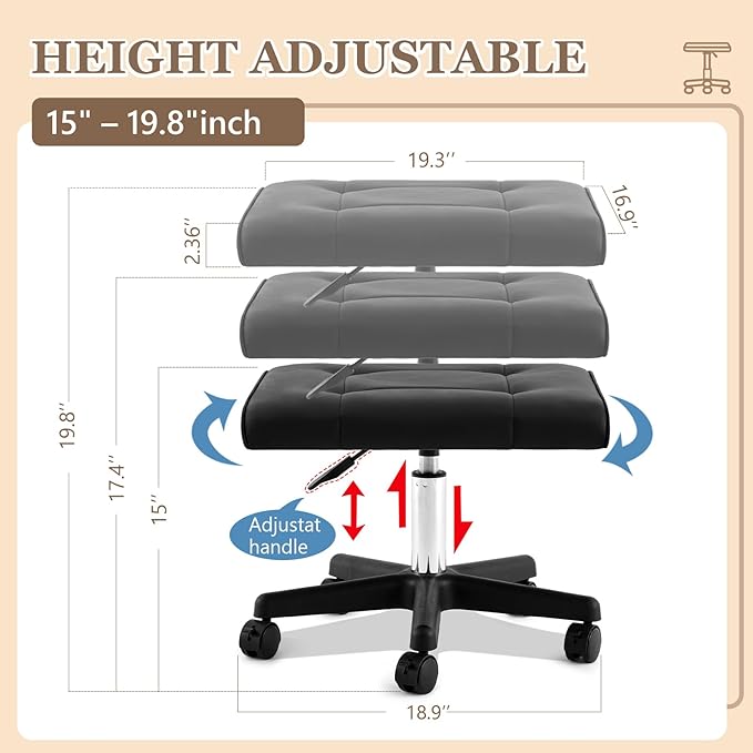 Wesiti Under Desk Leg Rest Ottoman, Adjustable Foot Stool with Wheels, PU Padded Leg Rest for Desk and Home Office, 360° Rolling with Lockable Casters, Black