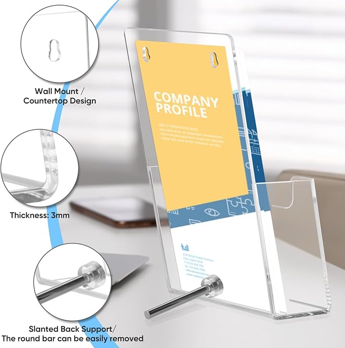Acrylic Brochure Holder Wall Mount or Countertop Display Stand – Clear Pamphlet & Literature Organizer Fits Trifold Flyers, Menus, Leaflets for Office, Shop, Hotel, Classroom, Reception Desks (4 Pack, 4.3 x 7.8 inch)