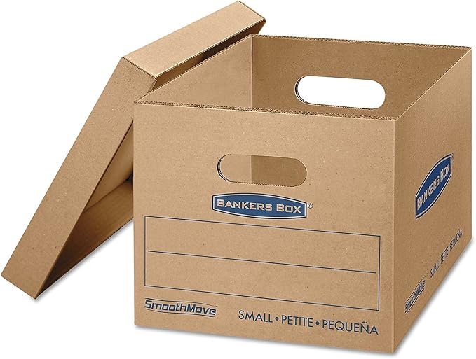 Bankers Box Small Classic Moving Box 20 Pack, Reinforced Handles, Tape-Free Assembly, Box with Lid, 15" x 12" x 10", Cardboard